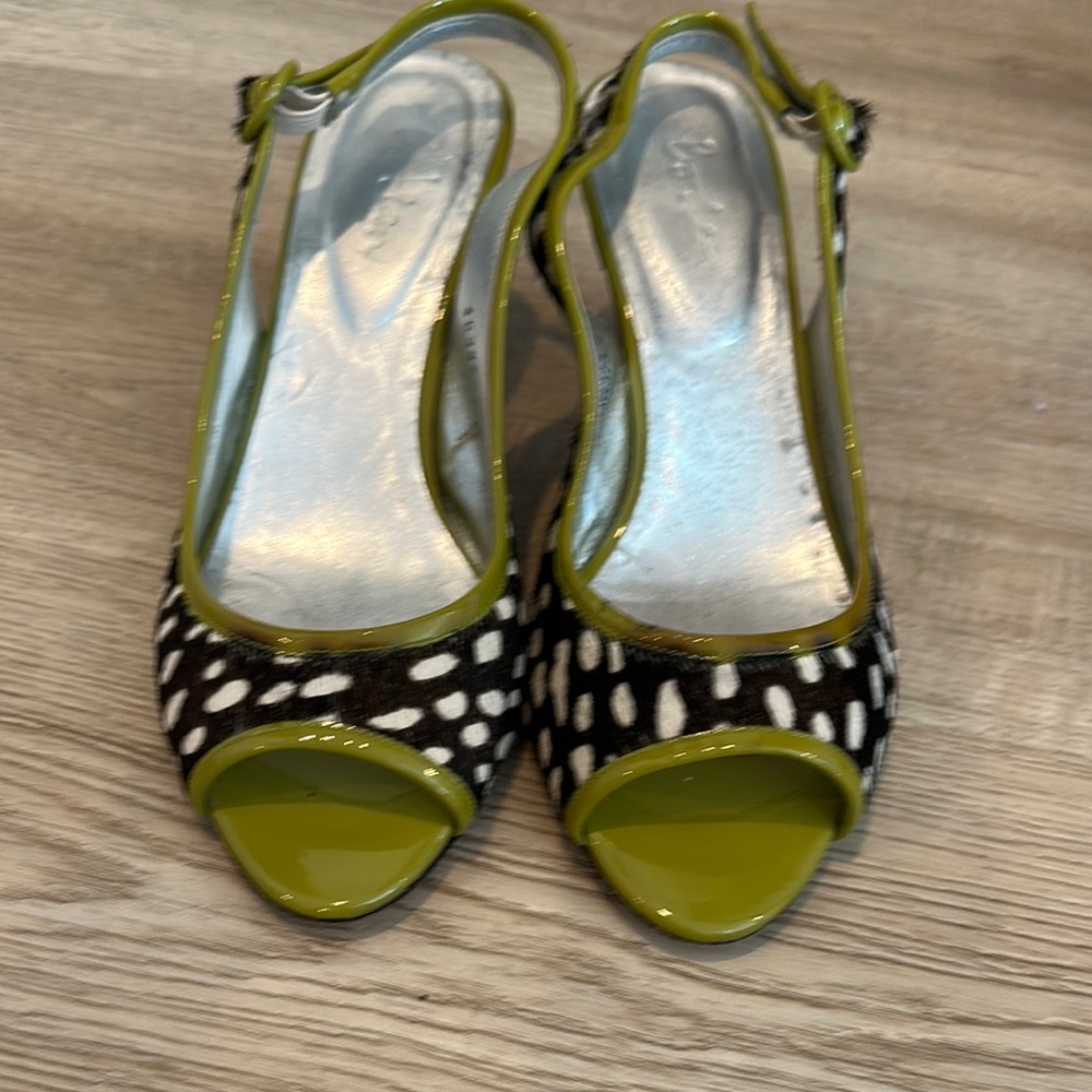 Boden Green and Black Polka Dot Slingback Heels